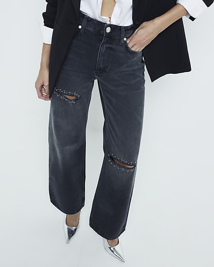 Black Embellished Rip Relaxed Straight Jeans