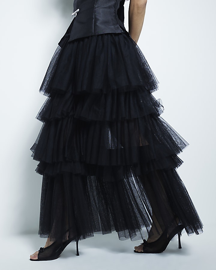 Black Mesh Tulle Layered Maxi Skirt