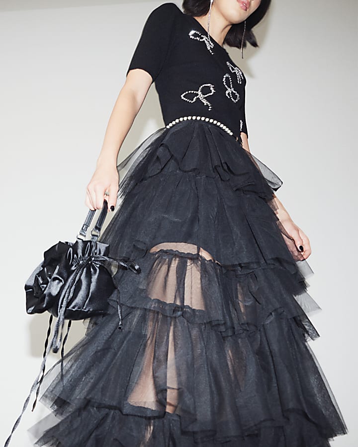 Black Mesh Tulle Layered Maxi Skirt