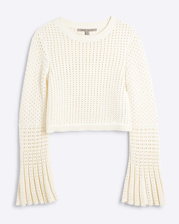 Cream Crochet Flared Sleeve Knit Top