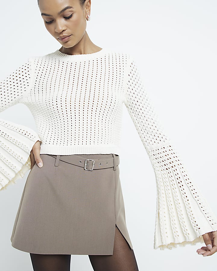 Cream Crochet Flared Sleeve Knit Top