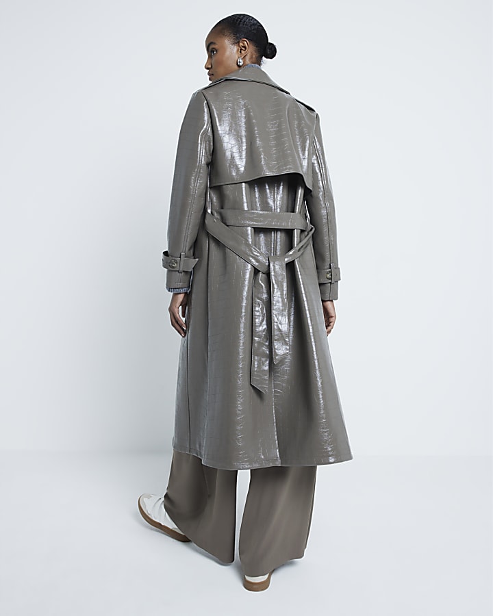 Grey Faux Leather Croc Effect Trench Coat