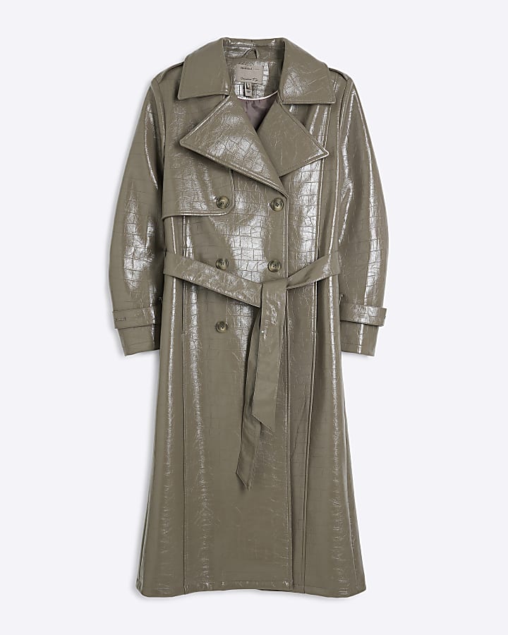 Grey Faux Leather Croc Effect Trench Coat