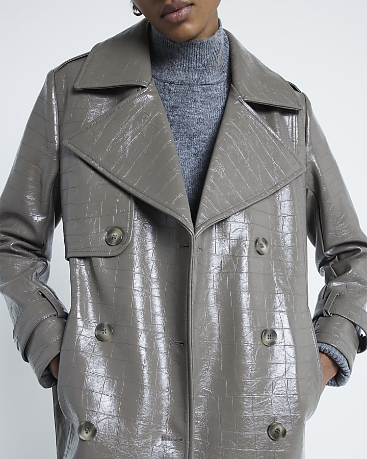 Grey Faux Leather Croc Effect Trench Coat