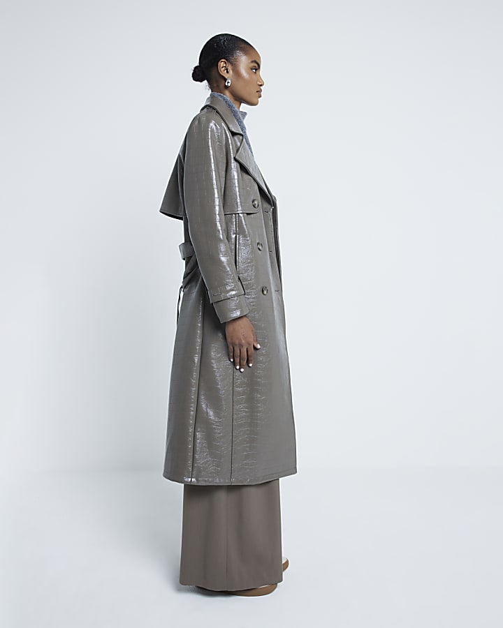 Grey Faux Leather Croc Effect Trench Coat