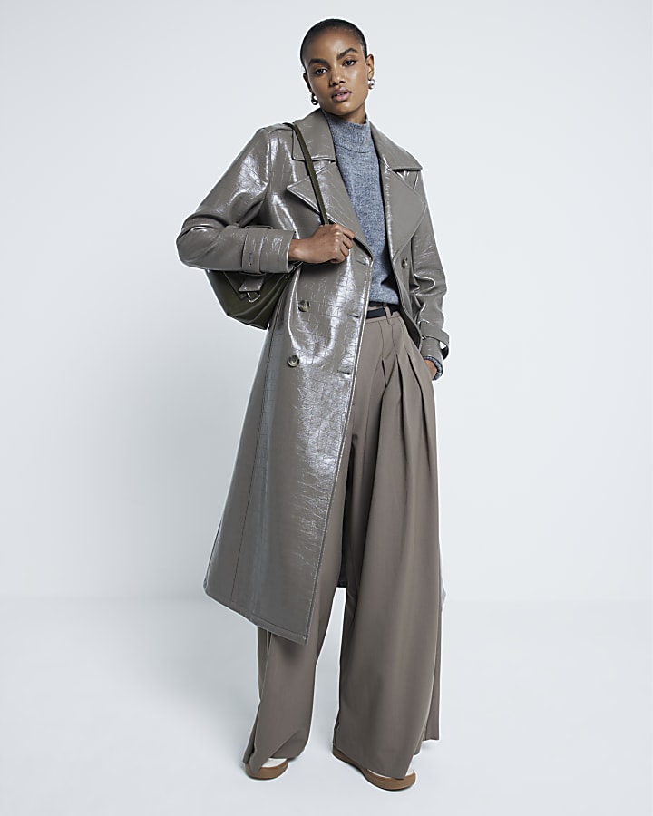 Grey Faux Leather Croc Effect Trench Coat