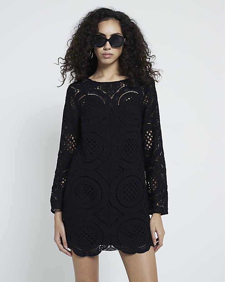 Black Long Sleeve Lace Mini Dress