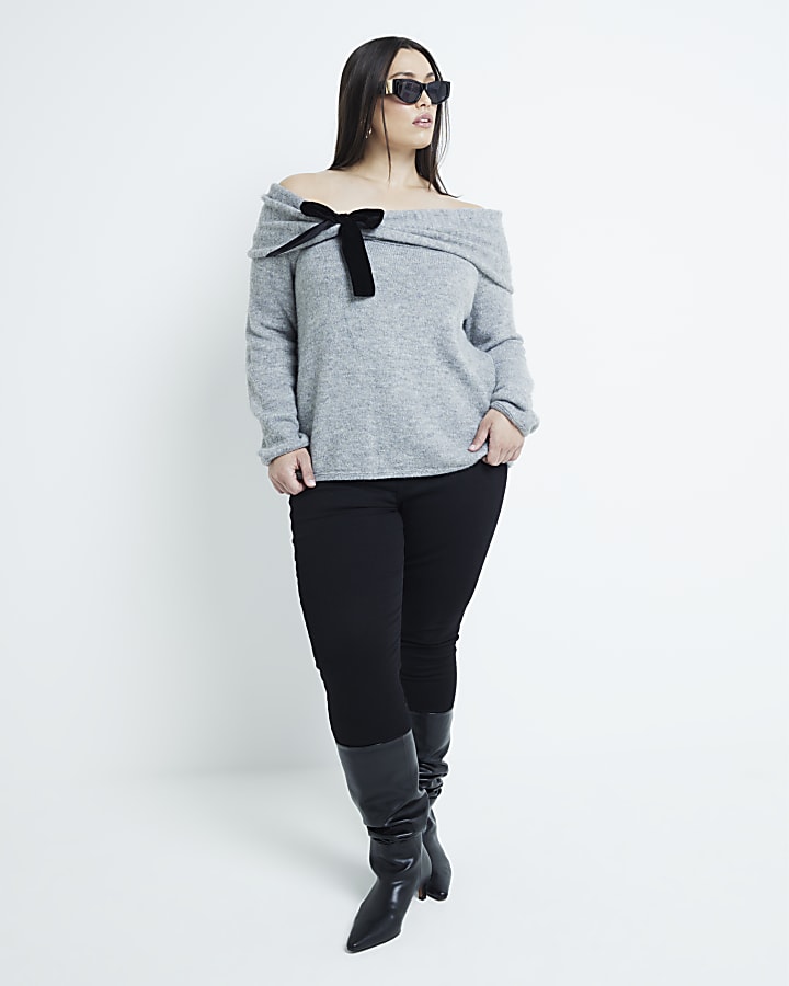 Plus Grey Long Sleeve Bardot Bow Jumper