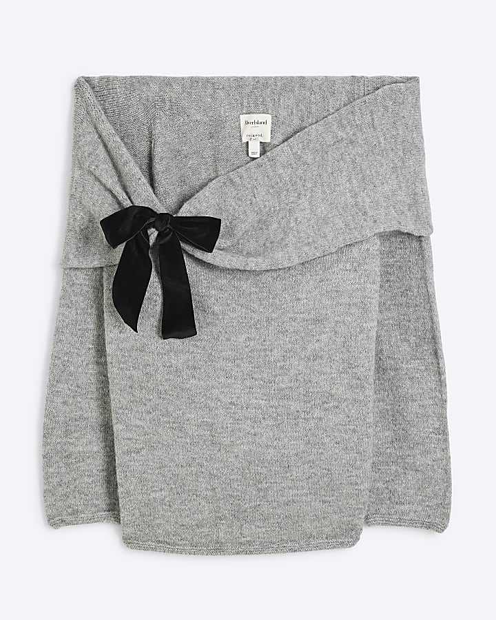 Plus Grey Long Sleeve Bardot Bow Jumper