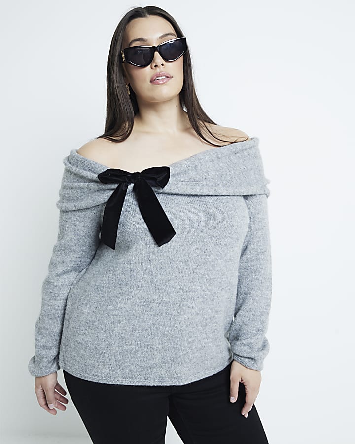 Plus Grey Long Sleeve Bardot Bow Jumper