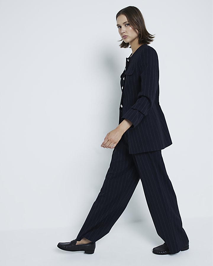 Navy Pinstripe Wide Leg Trousers