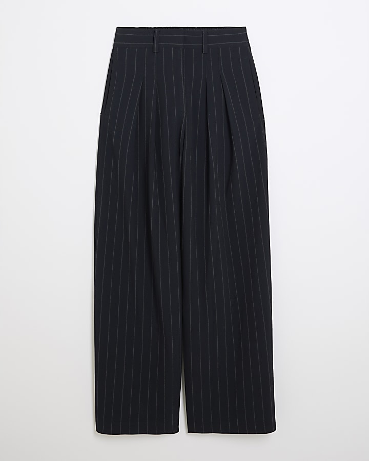 Navy Pinstripe Wide Leg Trousers