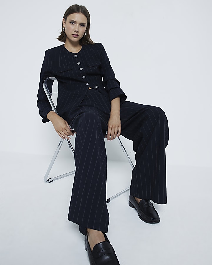 Navy Pinstripe Wide Leg Trousers