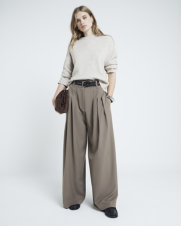 Beige Double Belted Wide Leg Trousers