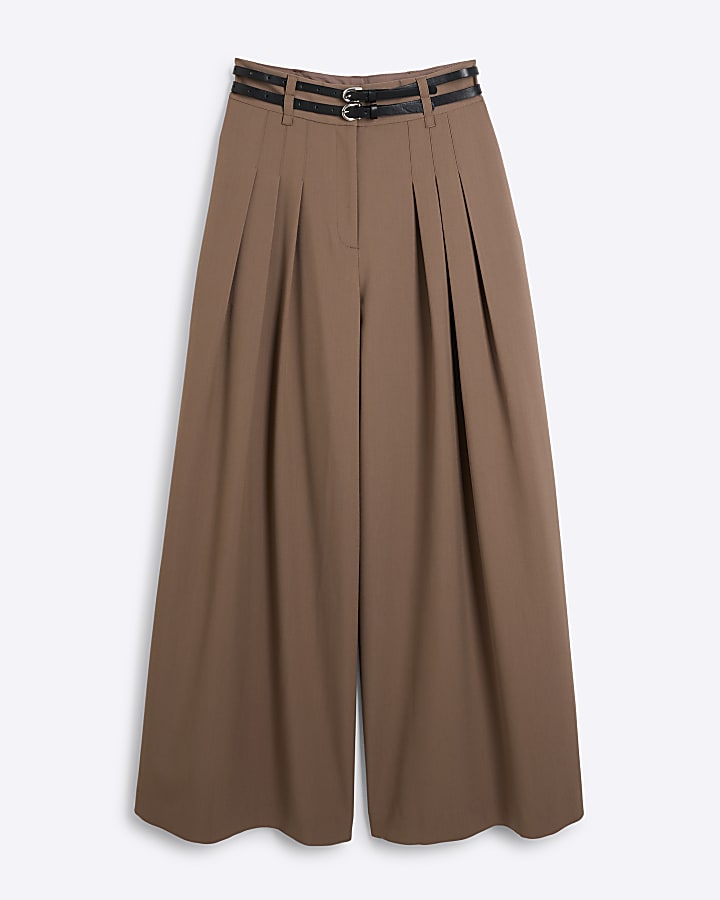 Beige Double Belted Wide Leg Trousers