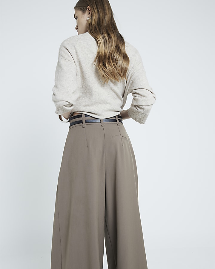 Beige Double Belted Wide Leg Trousers