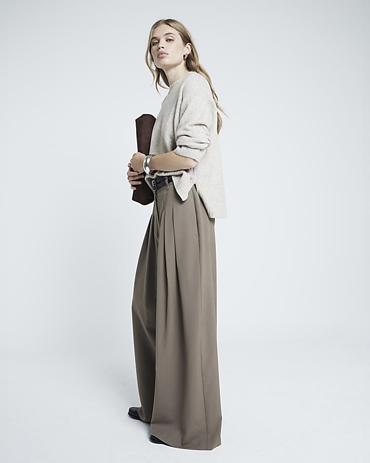 Beige Double Belted Wide Leg Trousers