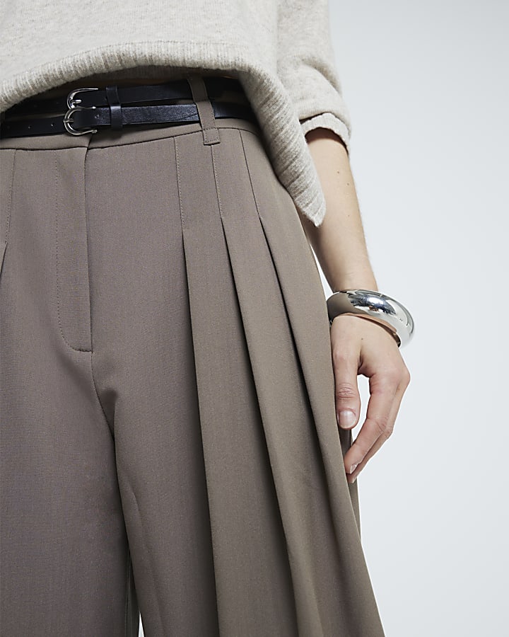 Beige Double Belted Wide Leg Trousers