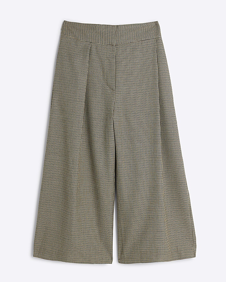 Brown Pleated Wide Leg Crop Trousers