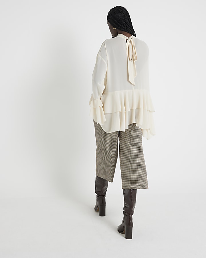 Brown Pleated Wide Leg Crop Trousers