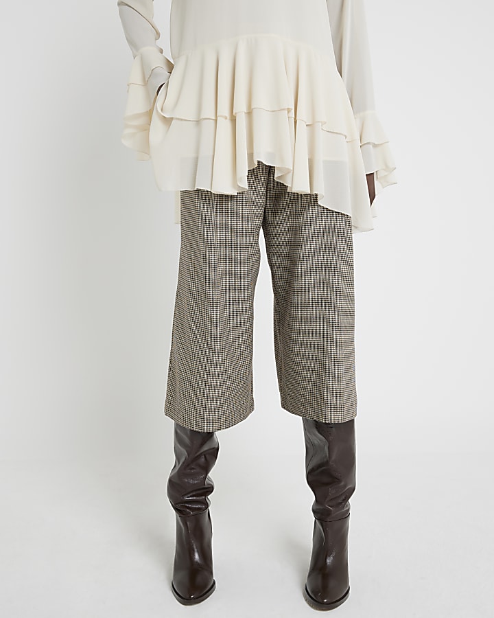 Brown Pleated Wide Leg Crop Trousers