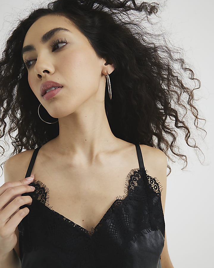 Black Faux Leather Lace Mini Dress | River Island