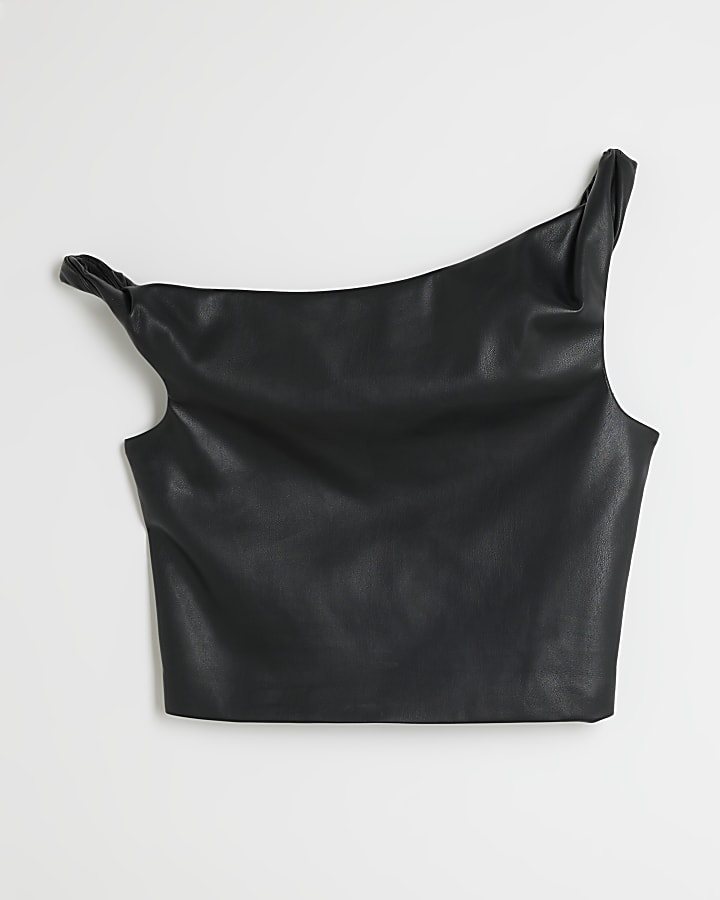 Black Faux Leather Asymmetric Top