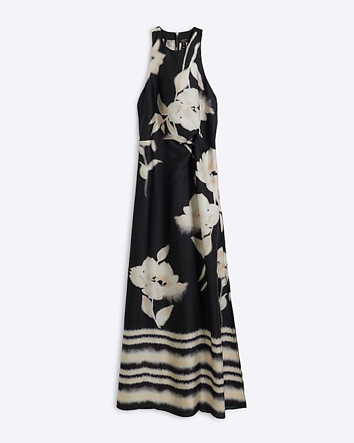 Black satin floral twist slip maxi dress