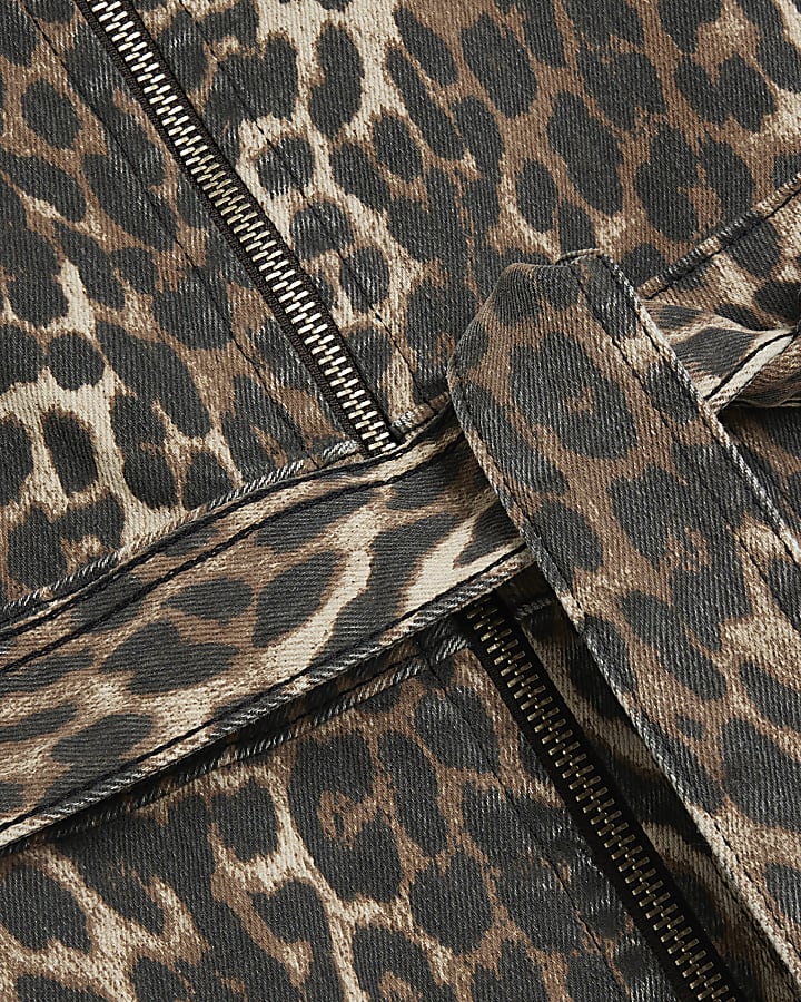 Brown Leopard Print Denim Jumpsuit