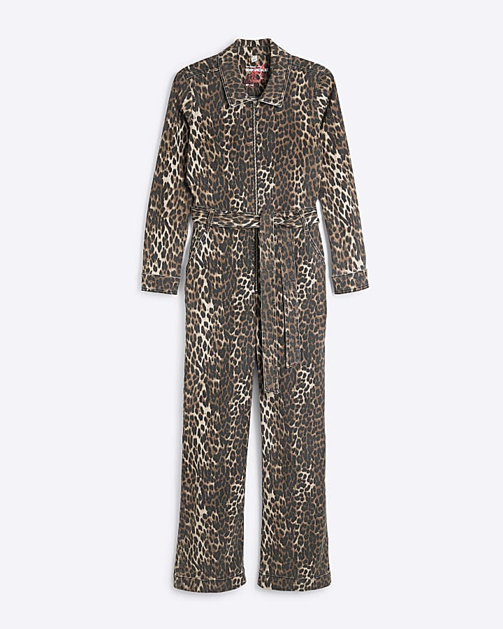 Brown Leopard Print Denim Jumpsuit