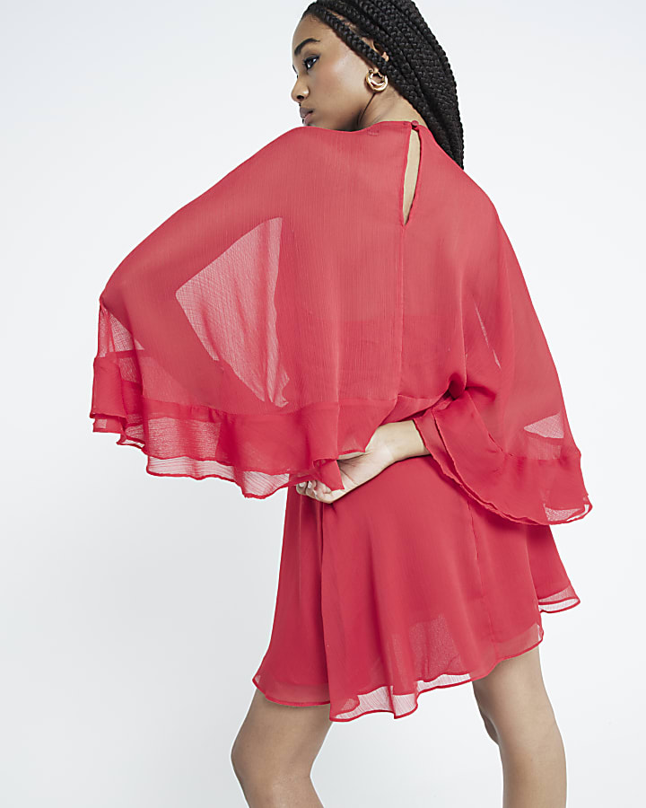 Red Long Sleeve Chiffon Cape Mini Dress