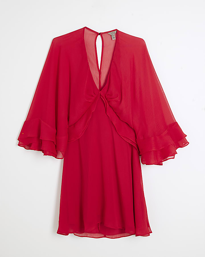 Red Long Sleeve Chiffon Cape Mini Dress