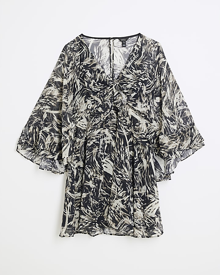 Brown Abstract Print Cape Mini Dress