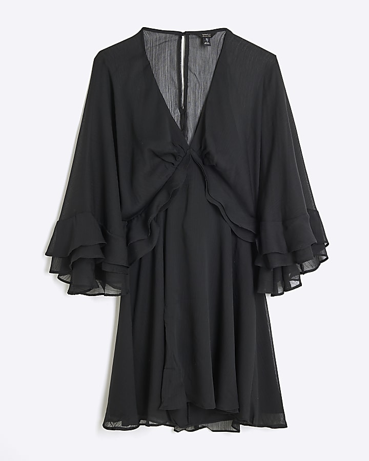 Black Long Sleeve Chiffon Cape Mini Dress