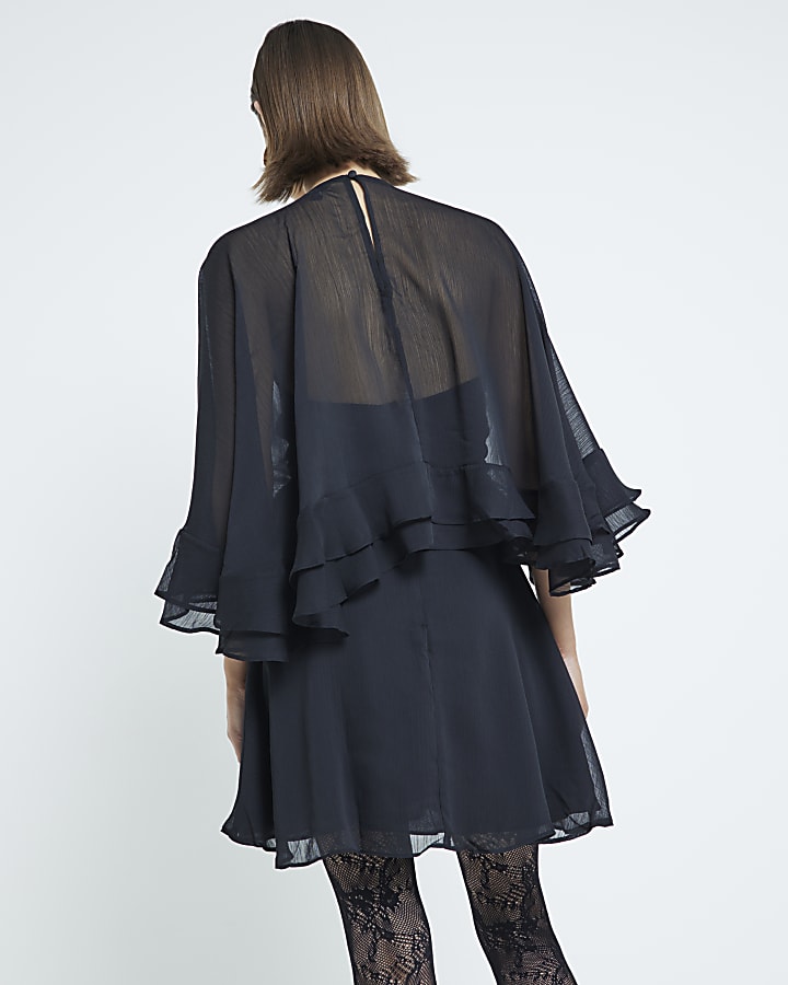 Black Long Sleeve Chiffon Cape Mini Dress