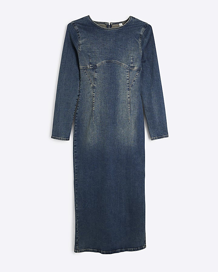 Blue Denim Long Sleeve Bodycon Dress