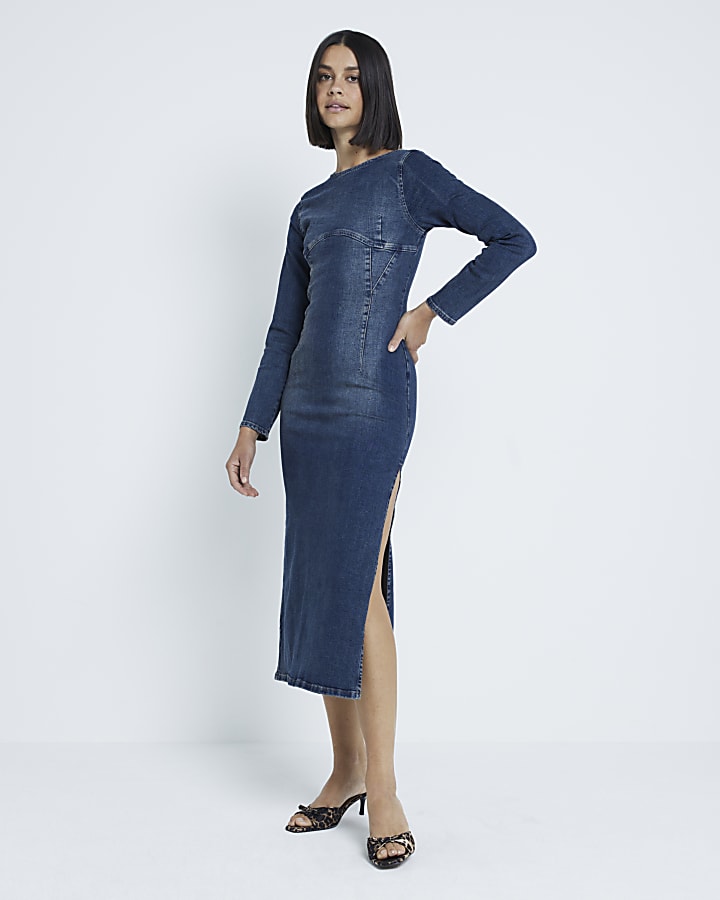 Blue Denim Long Sleeve Bodycon Dress