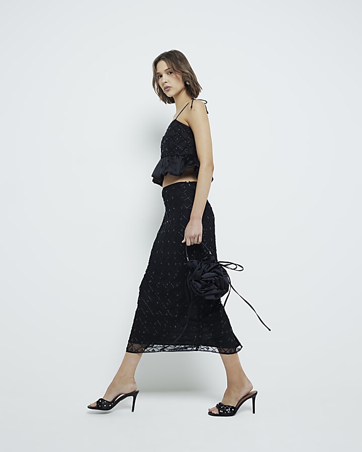 Black Beaded Satin Midi Skirt