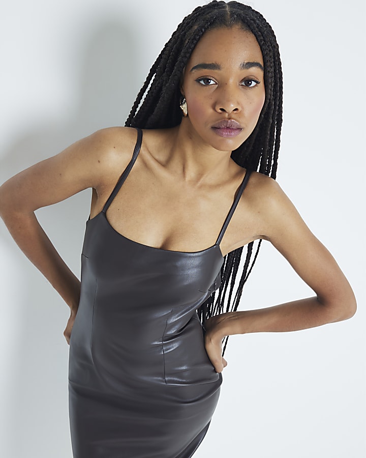 Brown Faux Leather Strappy Midi Dress