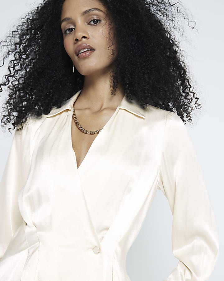 Cream Satin Button Wrap Blouse