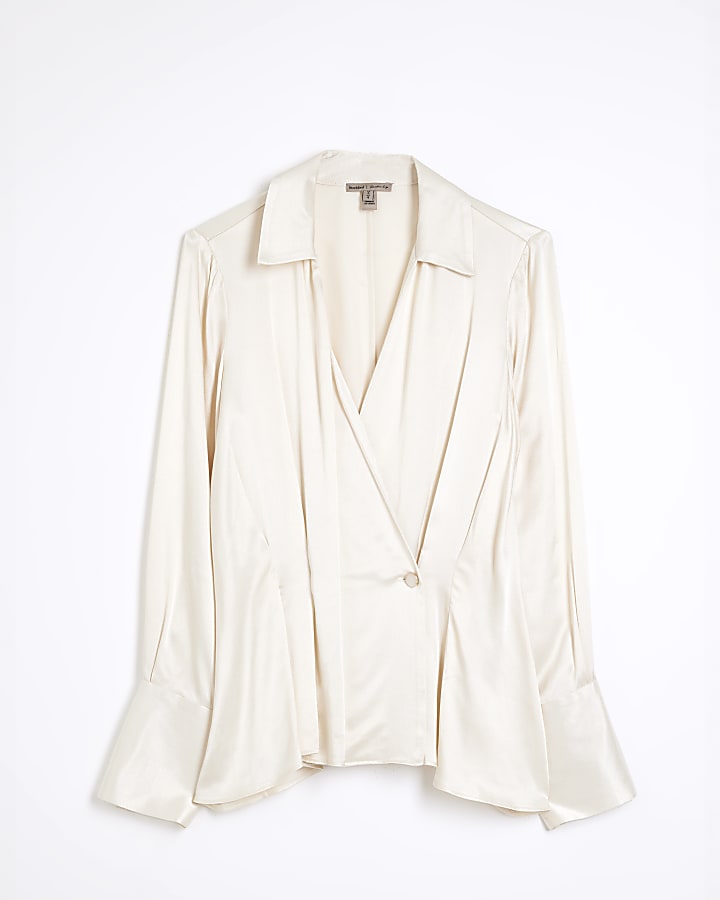 Cream Satin Button Wrap Blouse