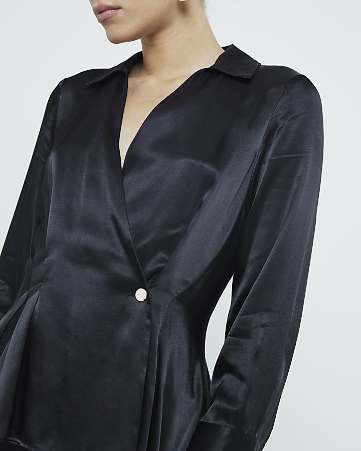 Black Satin Button Wrap Blouse