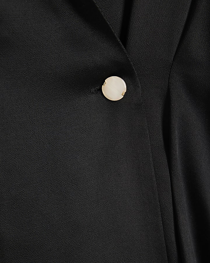 Black Satin Button Wrap Blouse