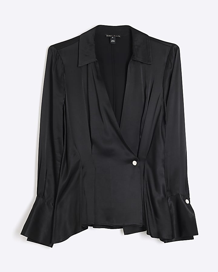 Black Satin Button Wrap Blouse