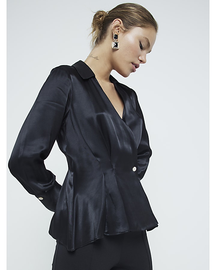 Black Satin Button Wrap Blouse