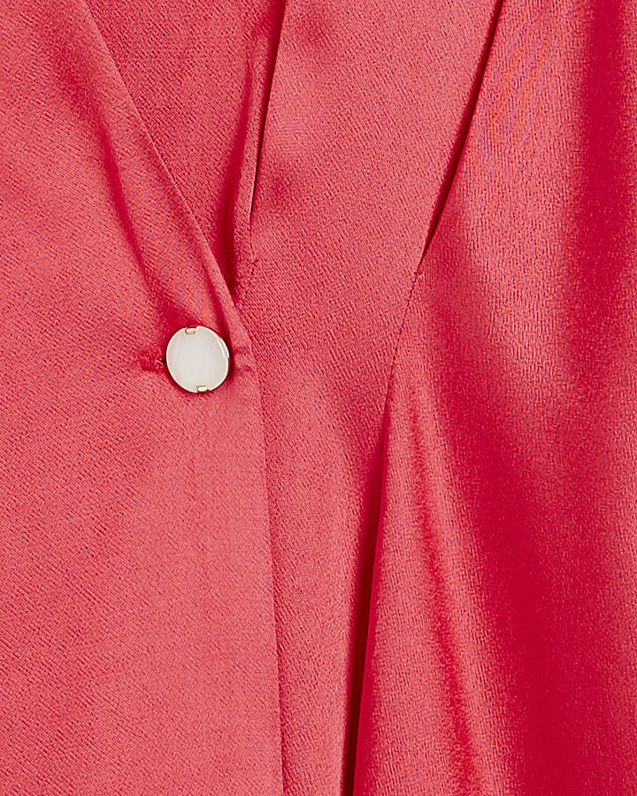 Red Satin Button Wrap Blouse