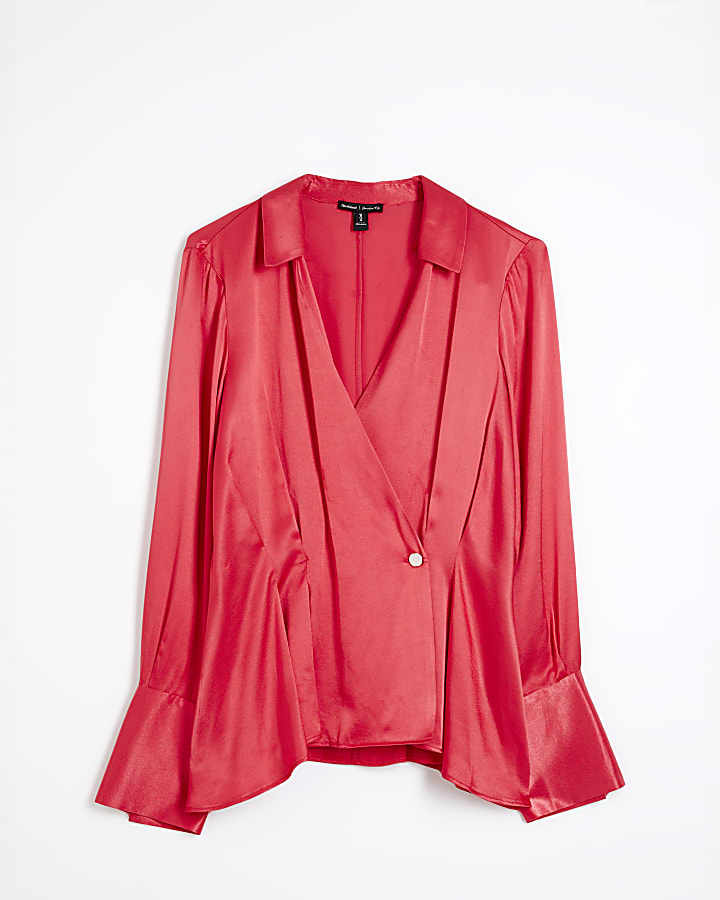 Red Satin Button Wrap Blouse