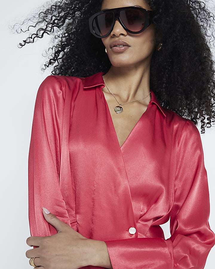 Red Satin Button Wrap Blouse