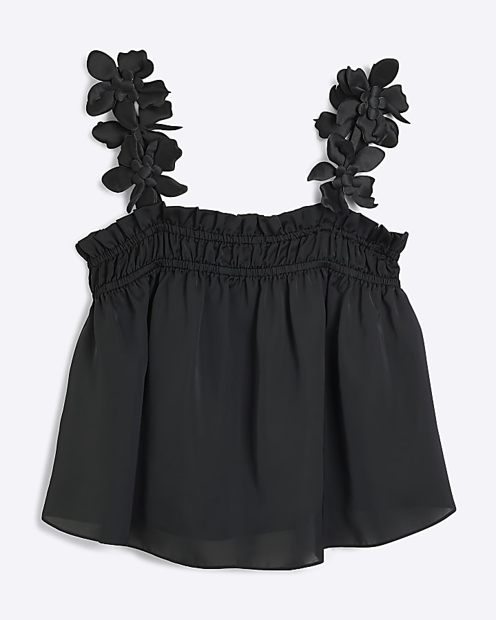 Black 3D Floral Detail Cami Top