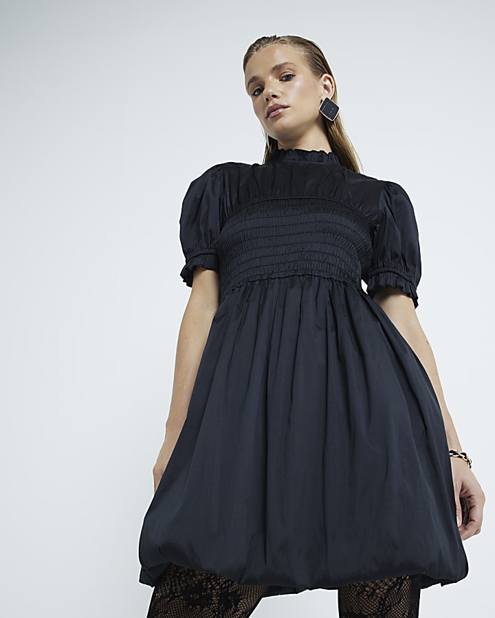 Black Taffeta Bubble Hem Mini Dress